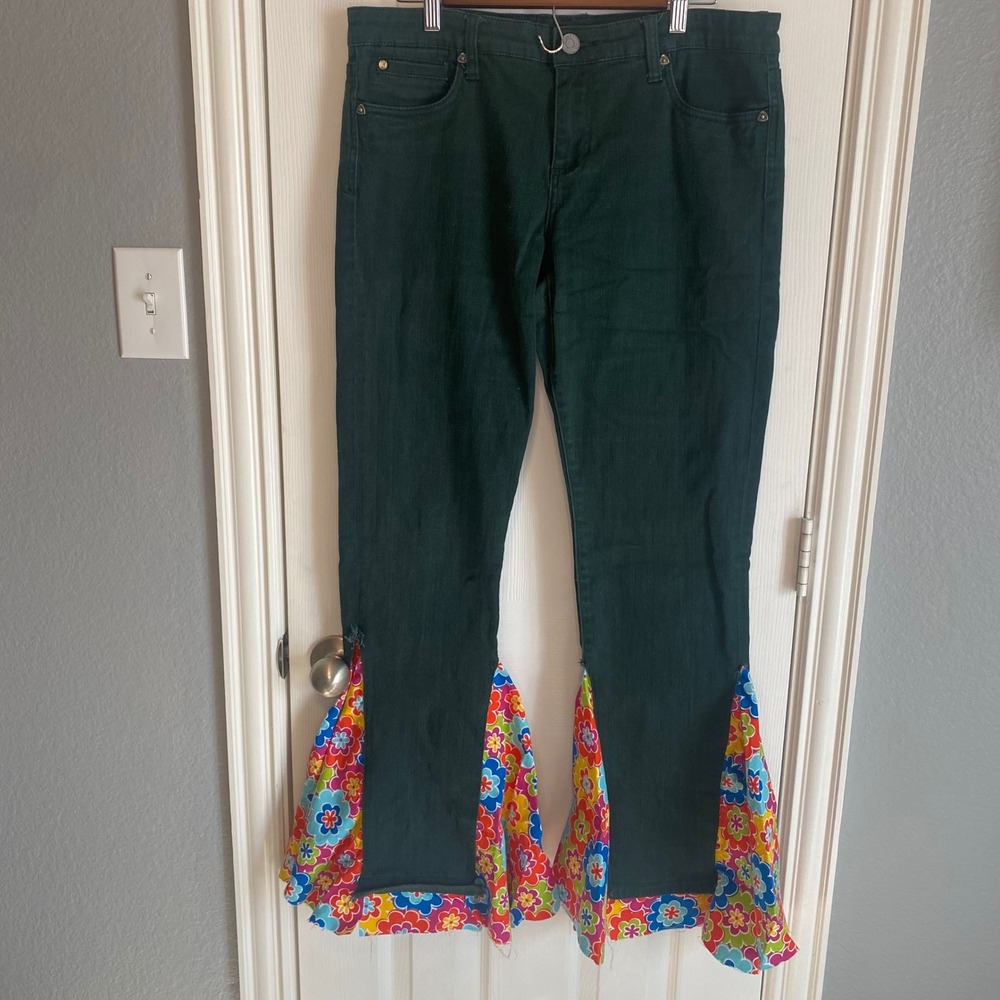 KUT from the Kloth‎ Diana Skinny Jeans Women's 14 Dark Green Floral Bell Bottoms